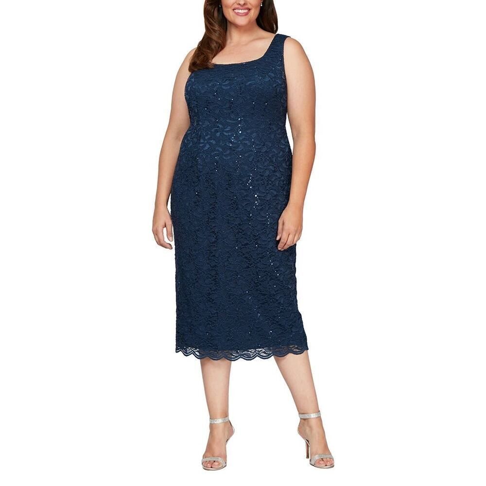 Alex Evenings Cocktail Dress Women's Plus 14P Petite Blue Lace Sleeveless Midi